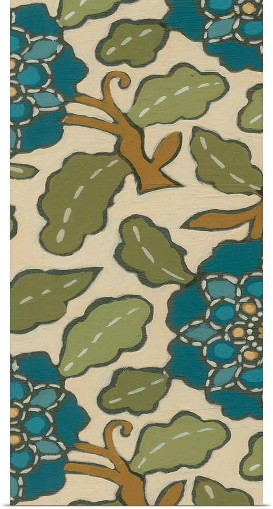 Decorative floral patterned artwork using blue and green tones mixed with earth tones.