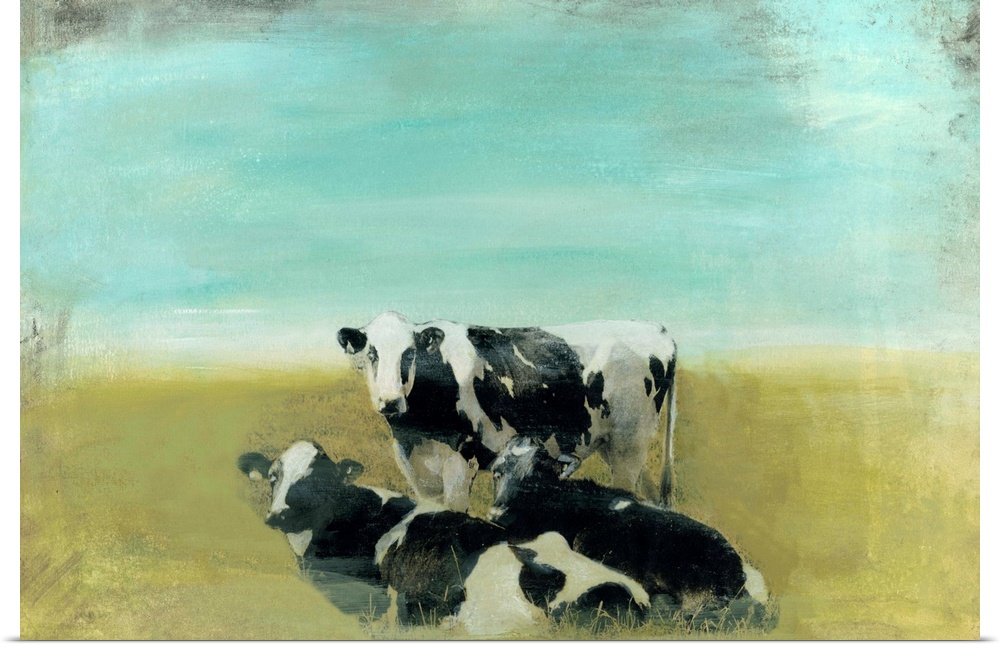 Contemporary painting of black and white cows grazing in a green field.