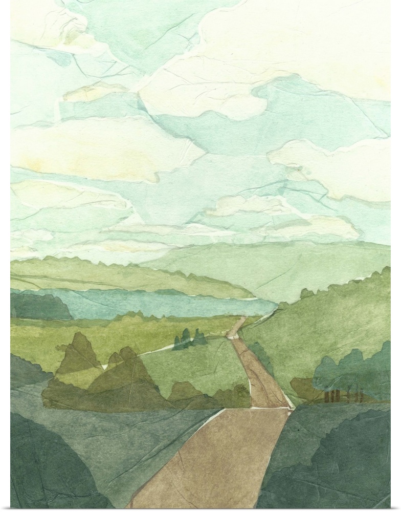 Countryside landscape painting with a road crossing over rolling hills.