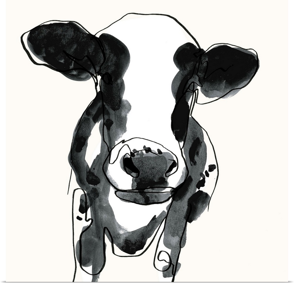 Contemporary watercolor portrait of a cow in black and white.
