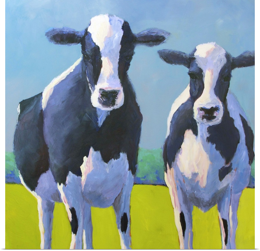 Contemporary painting of two black and white dairy cows in a green field.