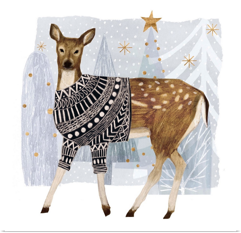 A festive deer wears a cozy sweater against a winter wonderland landscape.