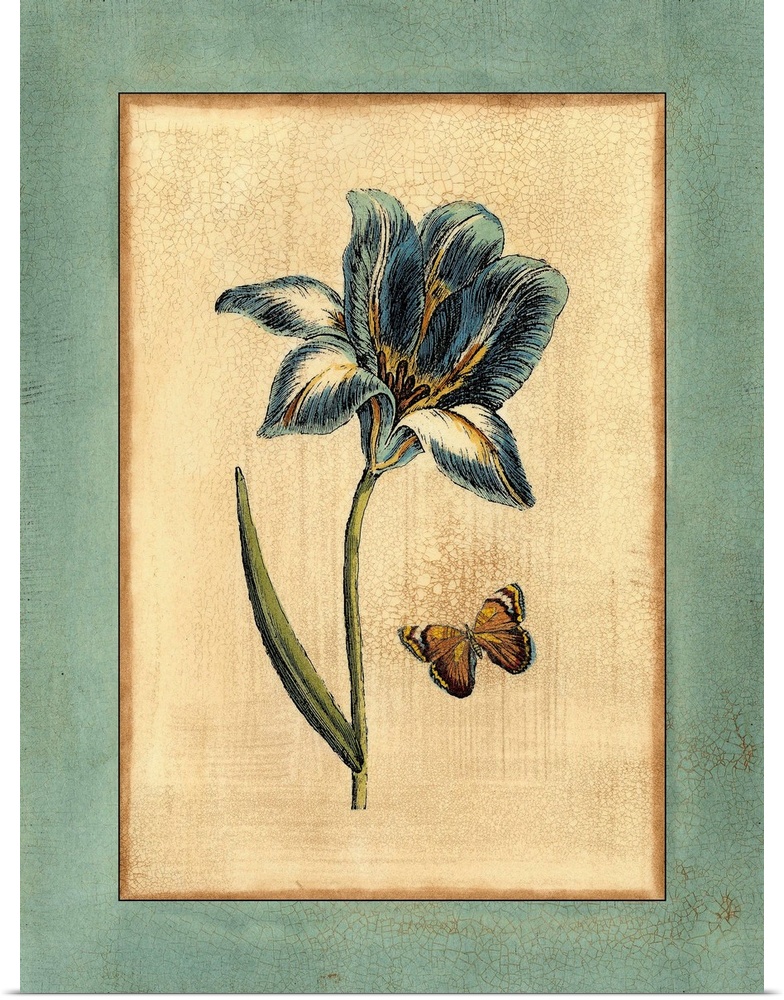 Contemporary artwork of a blue tulip with a butterfly in a vintage illustrative style.