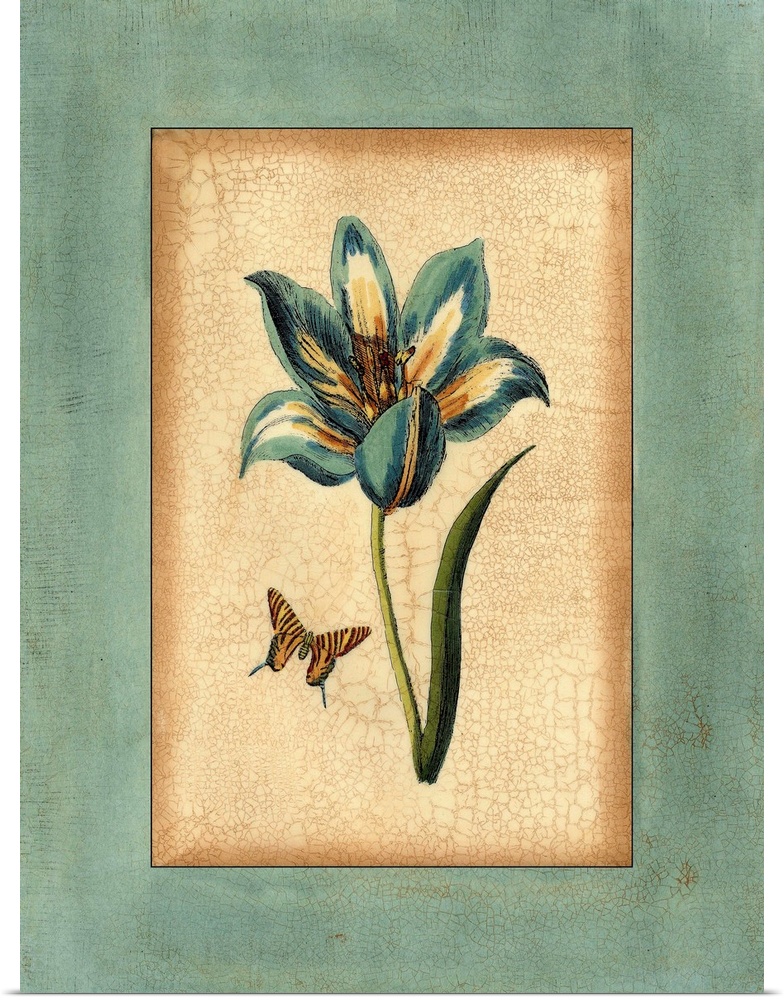 Contemporary artwork of a blue tulip with a butterfly in a vintage illustrative style.