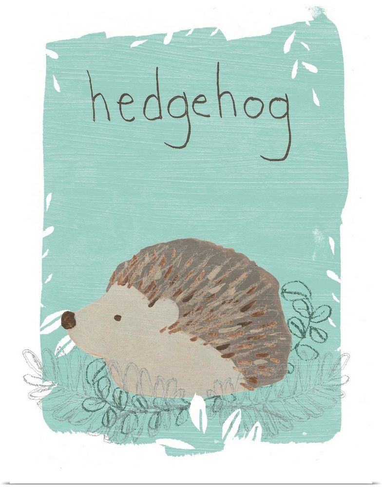 Cute nursery decor featuring a hedgehog on a teal background.