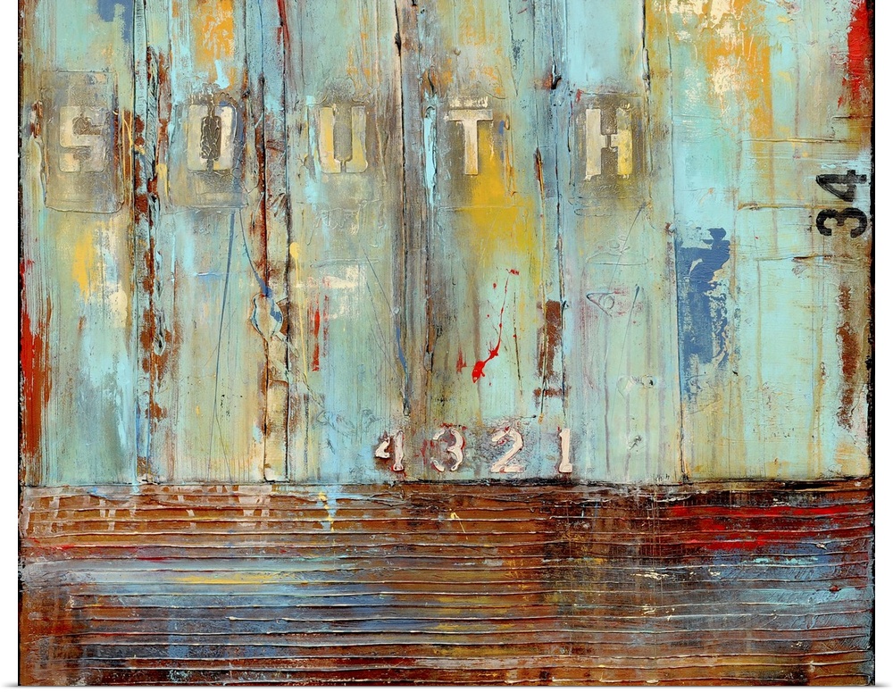Contemporary abstract painting using colors in a rustic weathered fashion with stenciled letters.