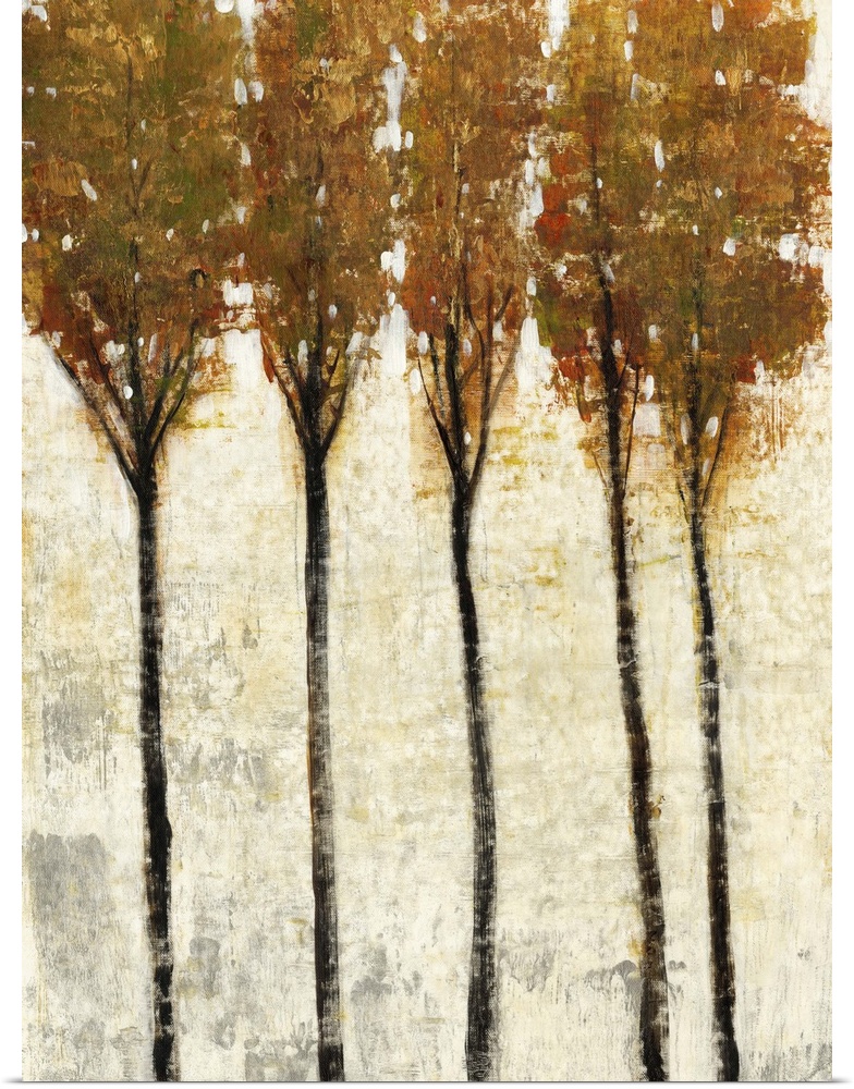 Contemporary painting of five thin trees with fall leaves.