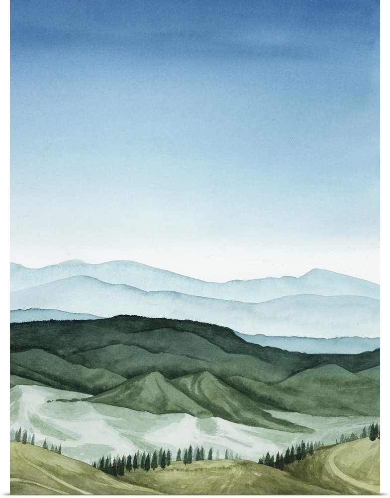 In this blue and green watercolor landscape, mountains are defined by gradated shadows with lighter hues to denote height ...