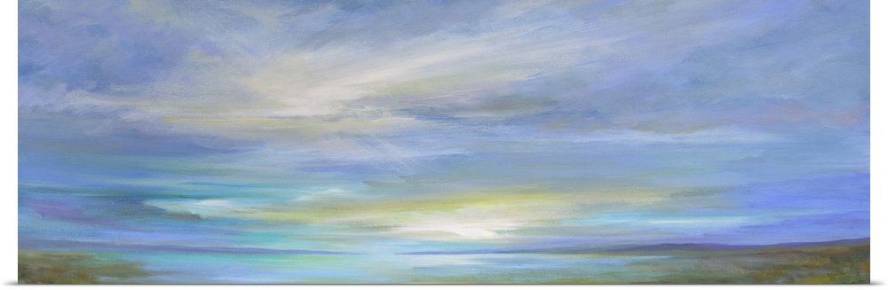 Contemporary painting of pastel clouds over calm waters.