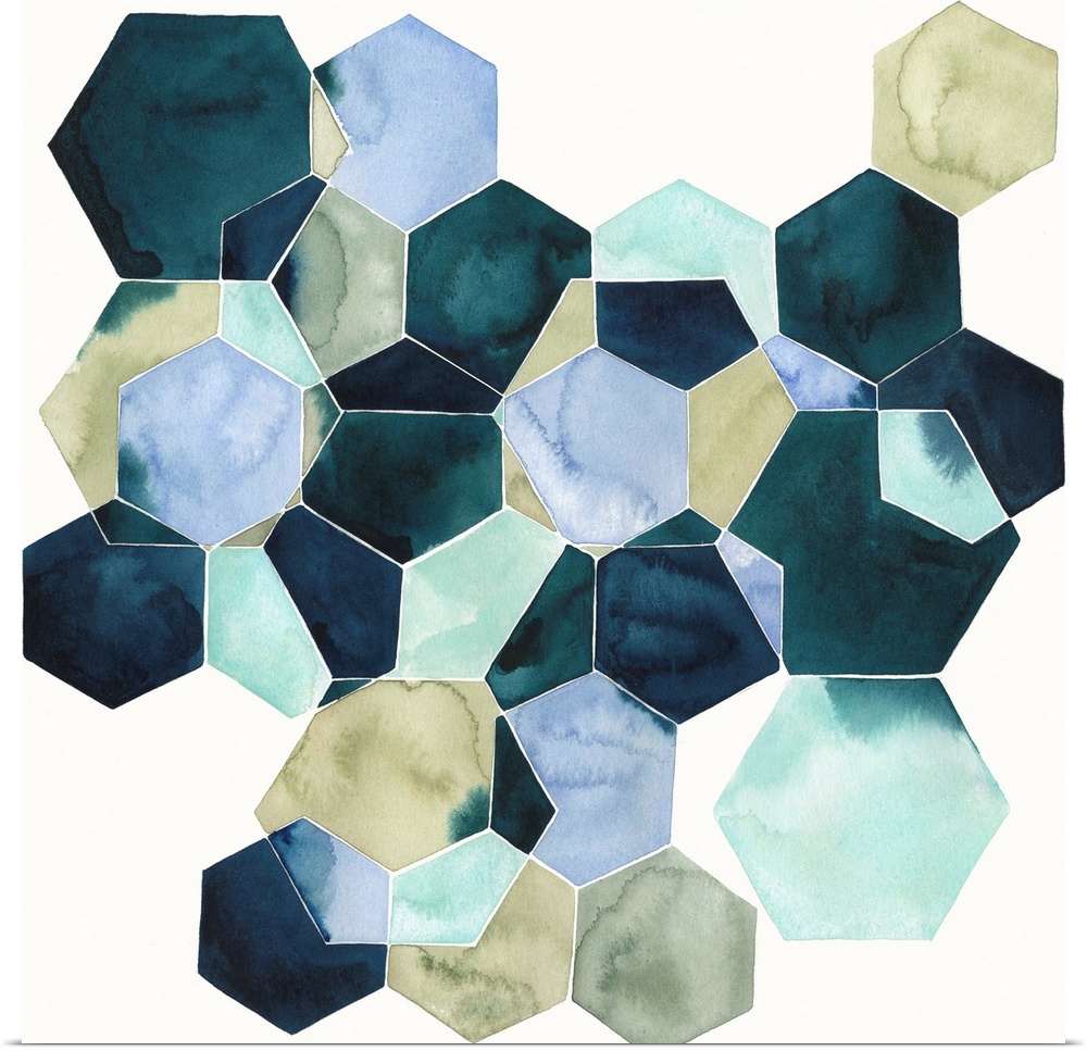 Watercolor geometric painting of intersecting hexagons in blue tones.
