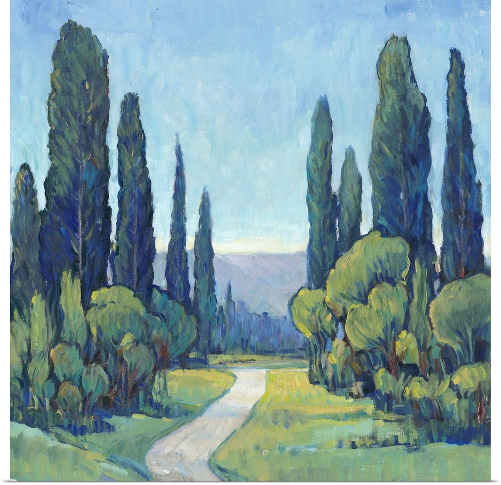Square painting of a green landscape filled with trees and a path leading to the background.