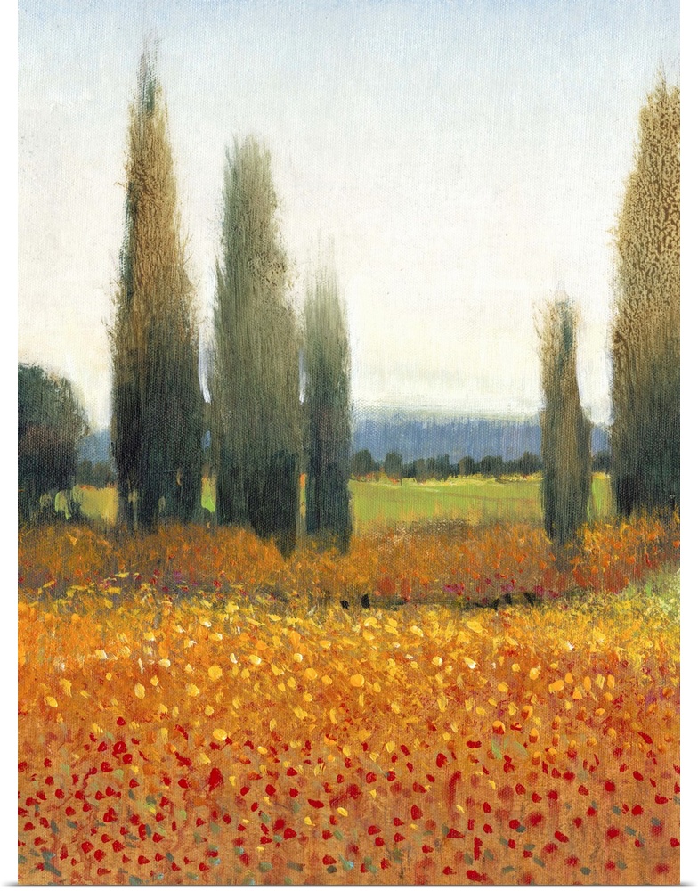 Painting of a row of cypress trees in the Italian countryside.