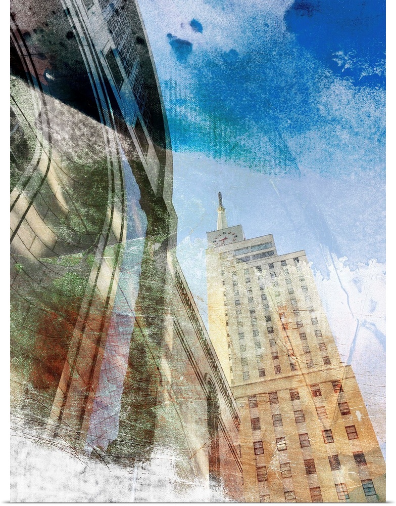 Abstract photograph of architecture in downtown Dallas, TX with a rough textured overlay.