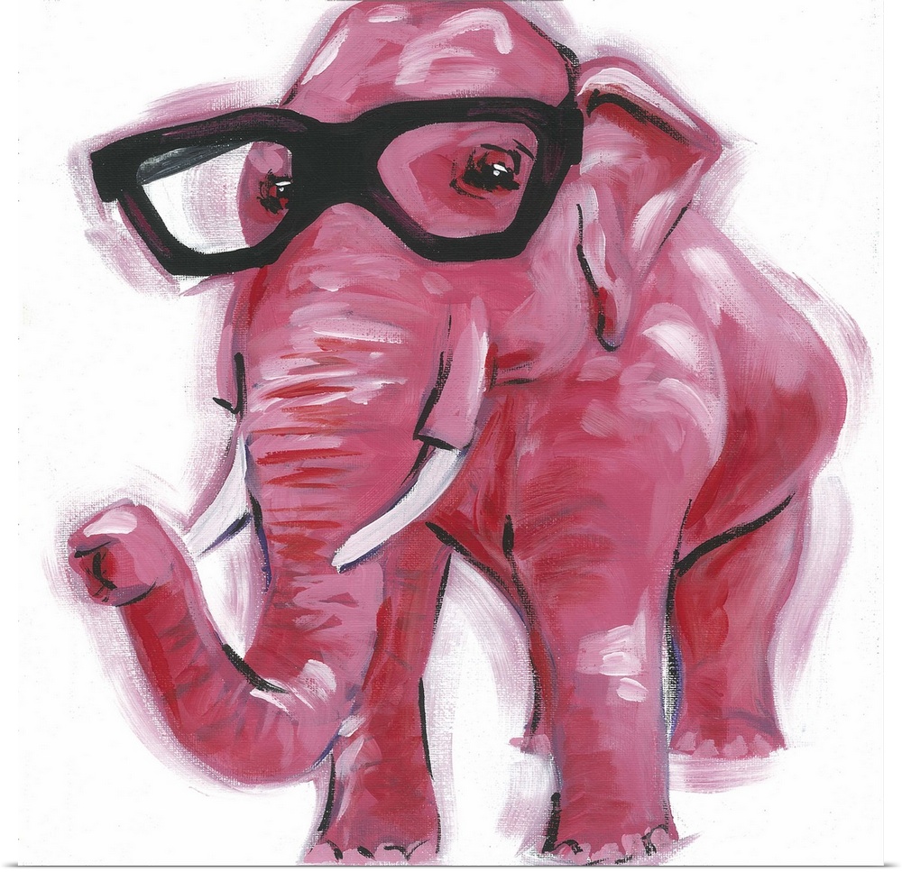 A engaging portrait of a pink elephant wearing black glasses on a white background.
