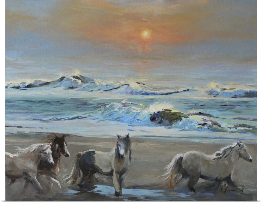 Contemporary painting of a herd of wild horses on the coast at dawn.