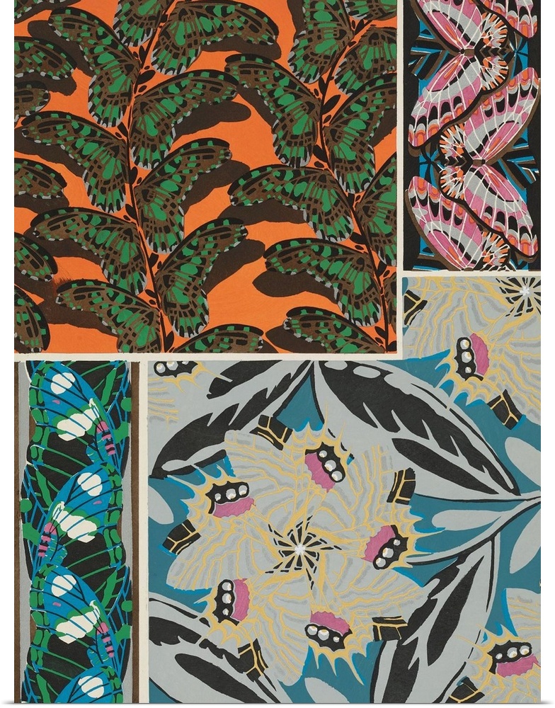 A decorative collage of varies types of butterflies in colorful patterns.