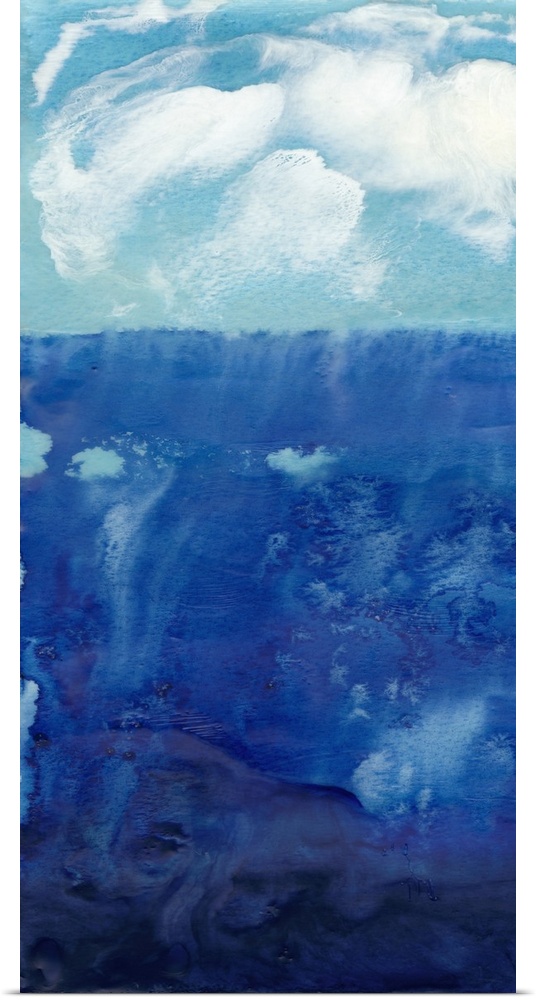 This vertical contemporary artwork features a tumultuous sea with white fluffy clouds floating above.