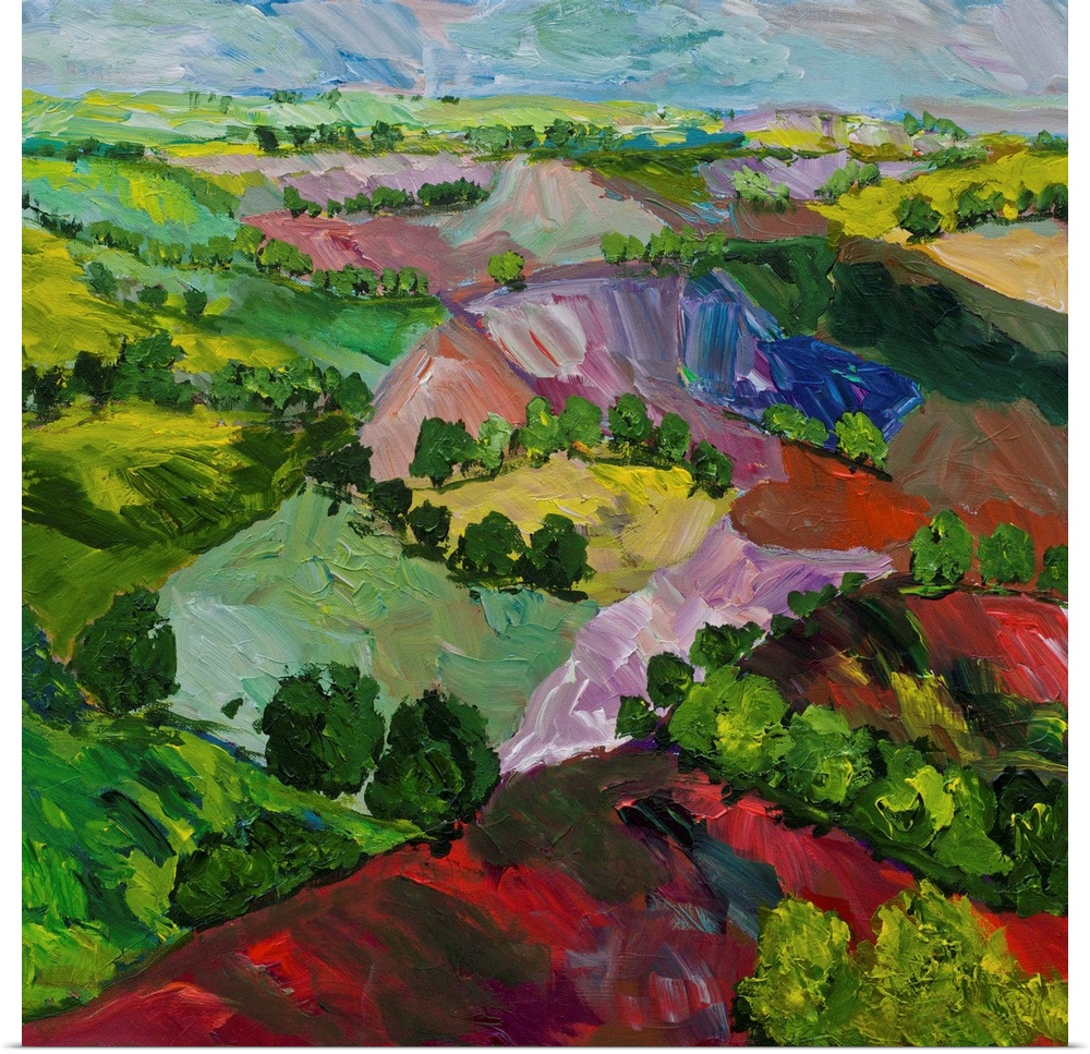 Contemporary painting of a country landscape with colorful hills and rows of trees.