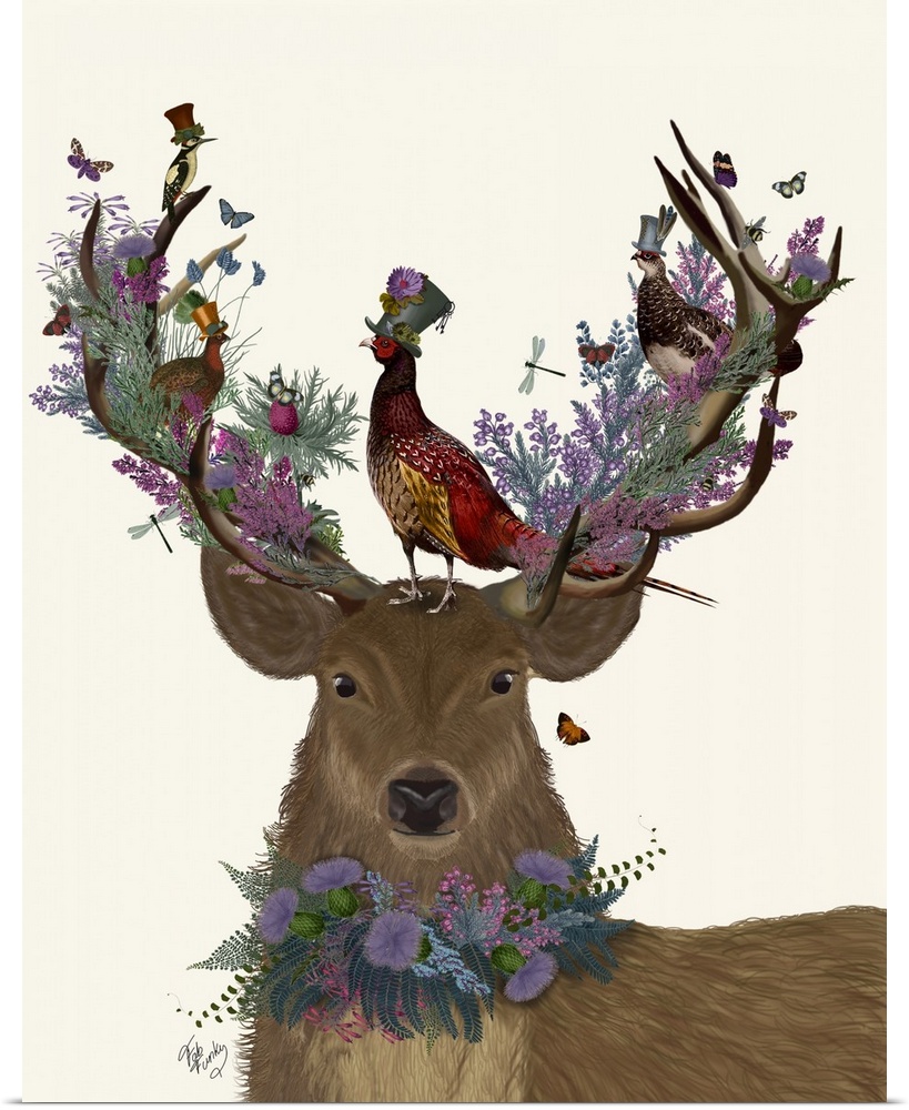 Digital illustration of a buck wearing flowers around his neck and on his antlers and Scottish birds.