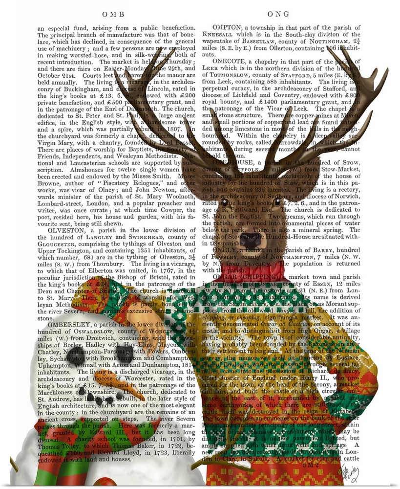 Decorative artwork of a deer wearing a Christmas sweater with a snowman, painted on the page of a book.