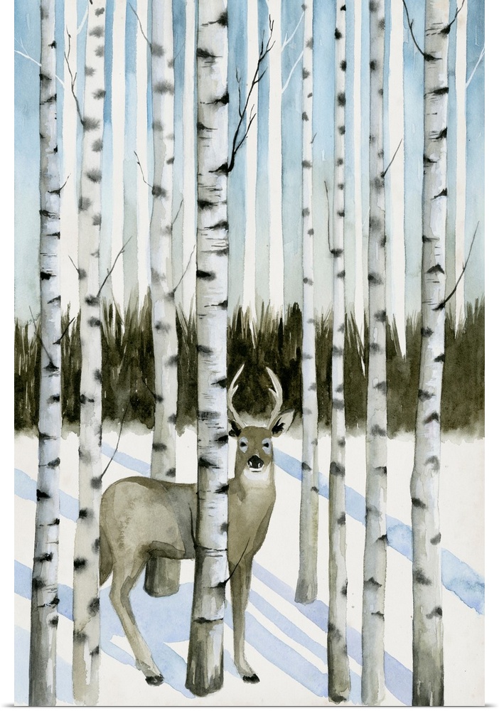 Illustration of a deer hiding in aspen trees in the winter.