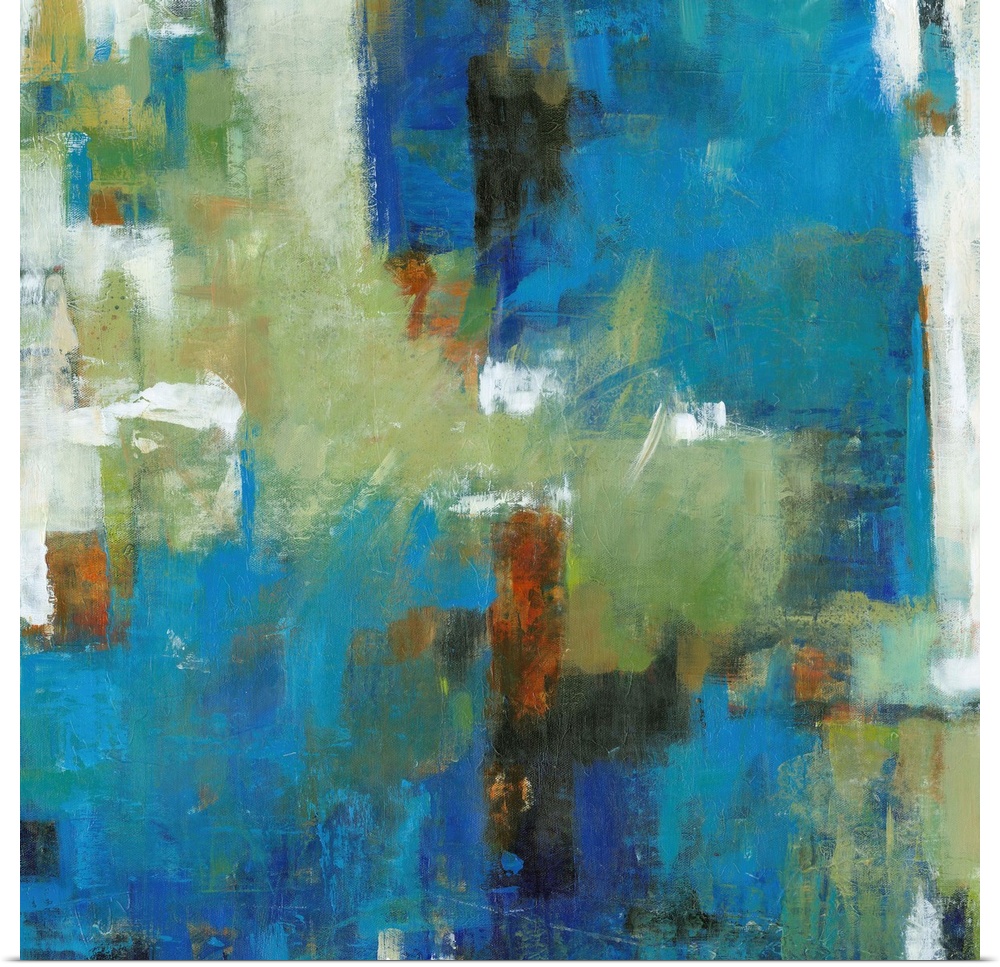 Contemporary abstract painting using vibrant blue and green tones.