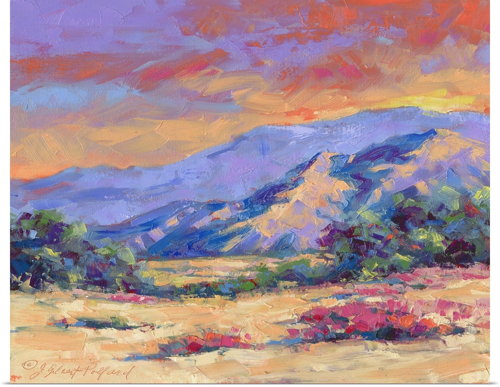 Contemporary vibrant landscape painting of a desert mountain sunset.