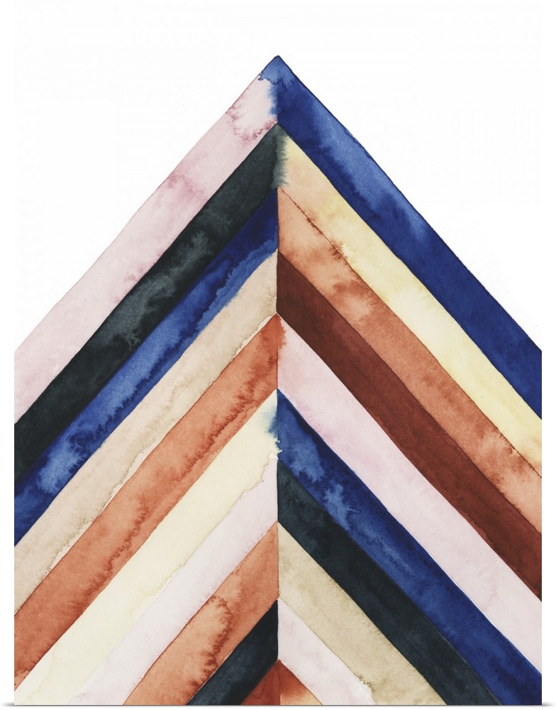 Watercolor painting of angled stripes of colors meeting in the center on a white background.