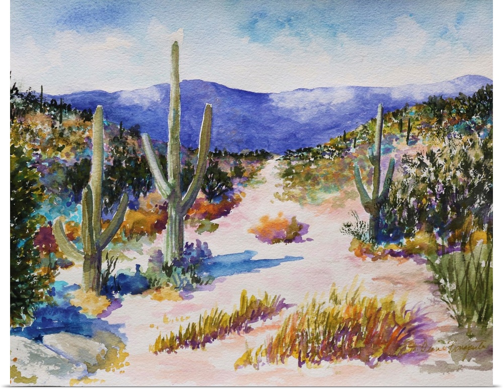 A beautiful watercolor painting of tall cactus in a lush desert landscape