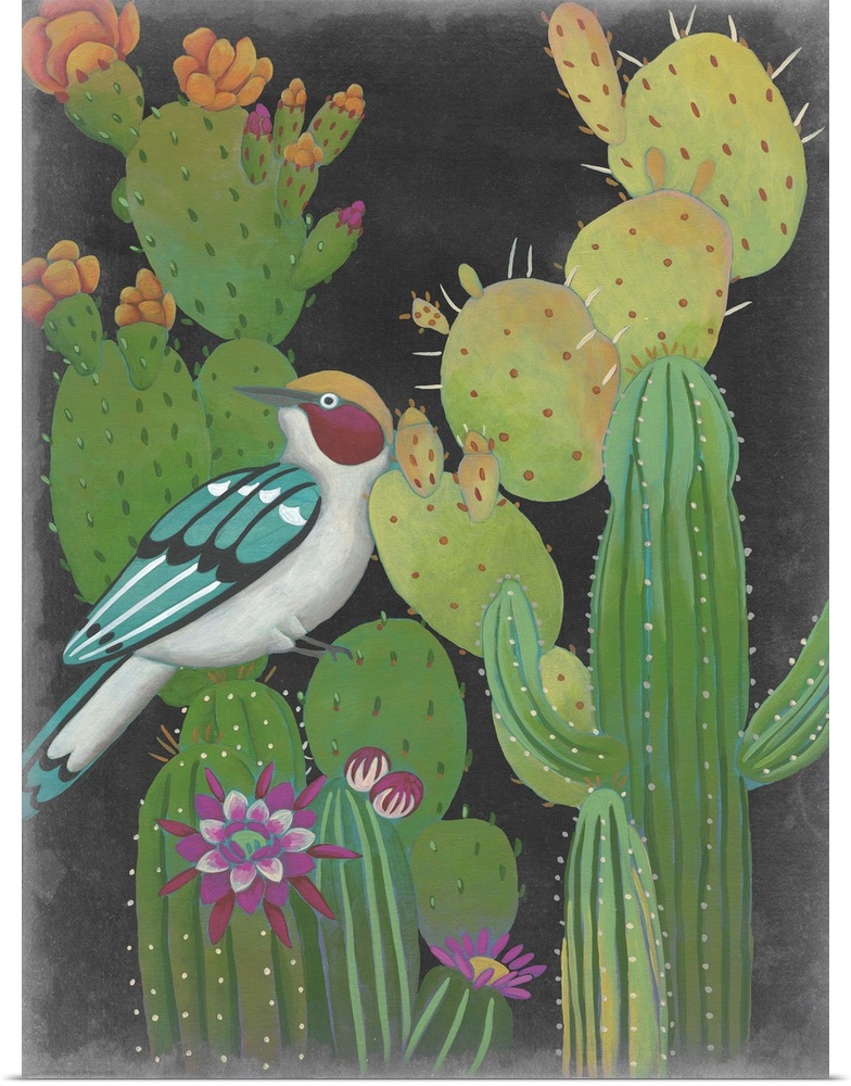Contemporary Southwestern-themed artwork of a colorful bird on a cactus.