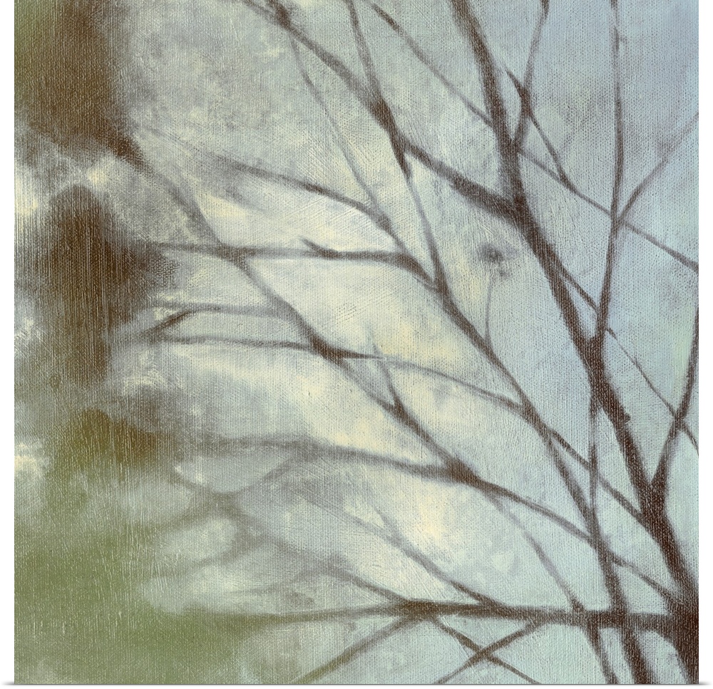 Square painting on canvas of tree branches.
