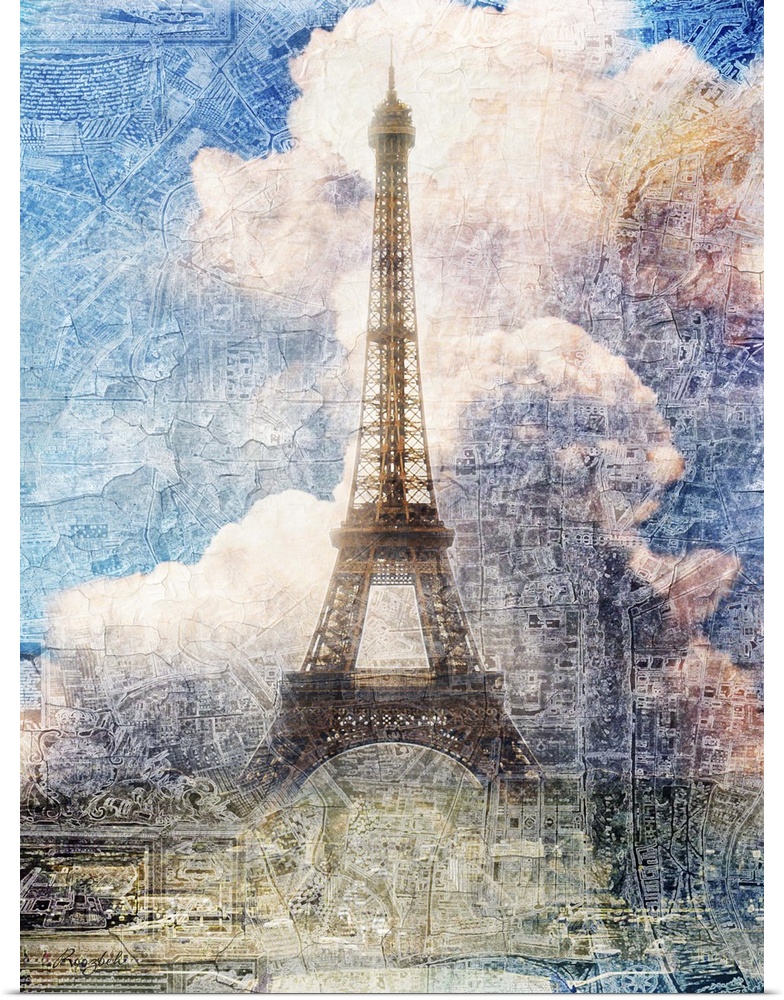 Artistic photograph of the Eiffel Tower and large clouds, with a rough texture overlay.