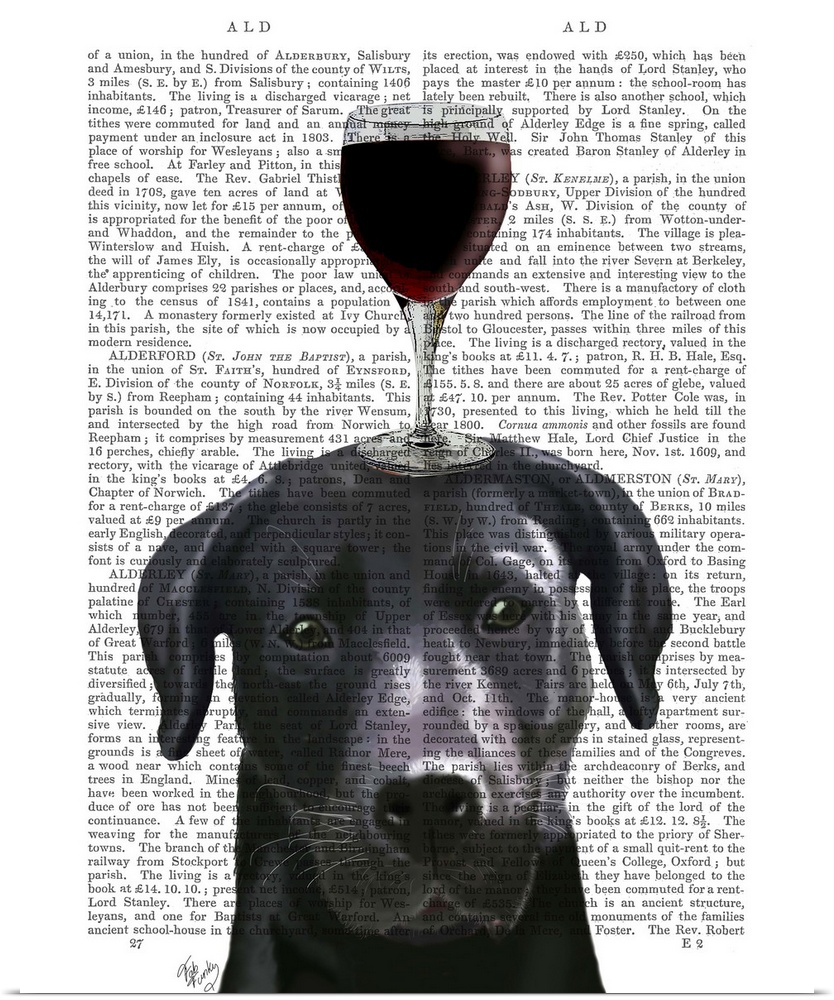 Decorative art with a Black Lab balancing a glass of red wine on its head painted on the page of a book.