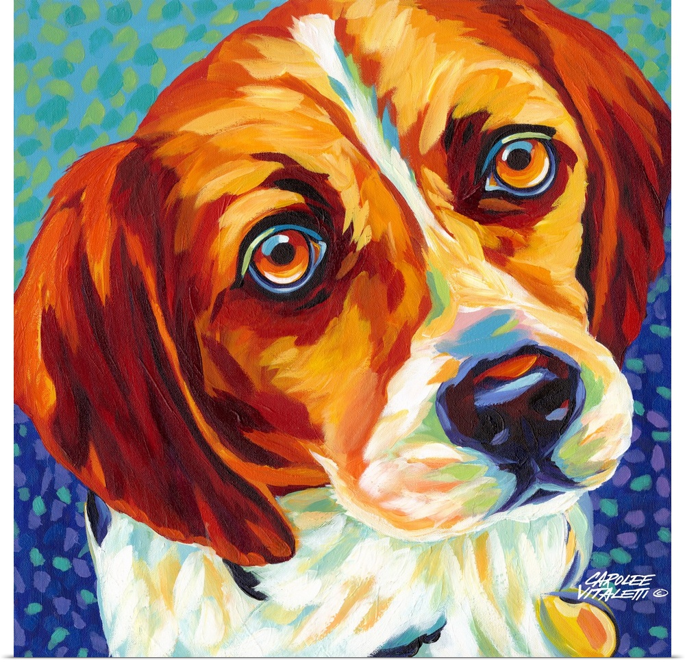 Contemporary painting of a beagle dog looking up.