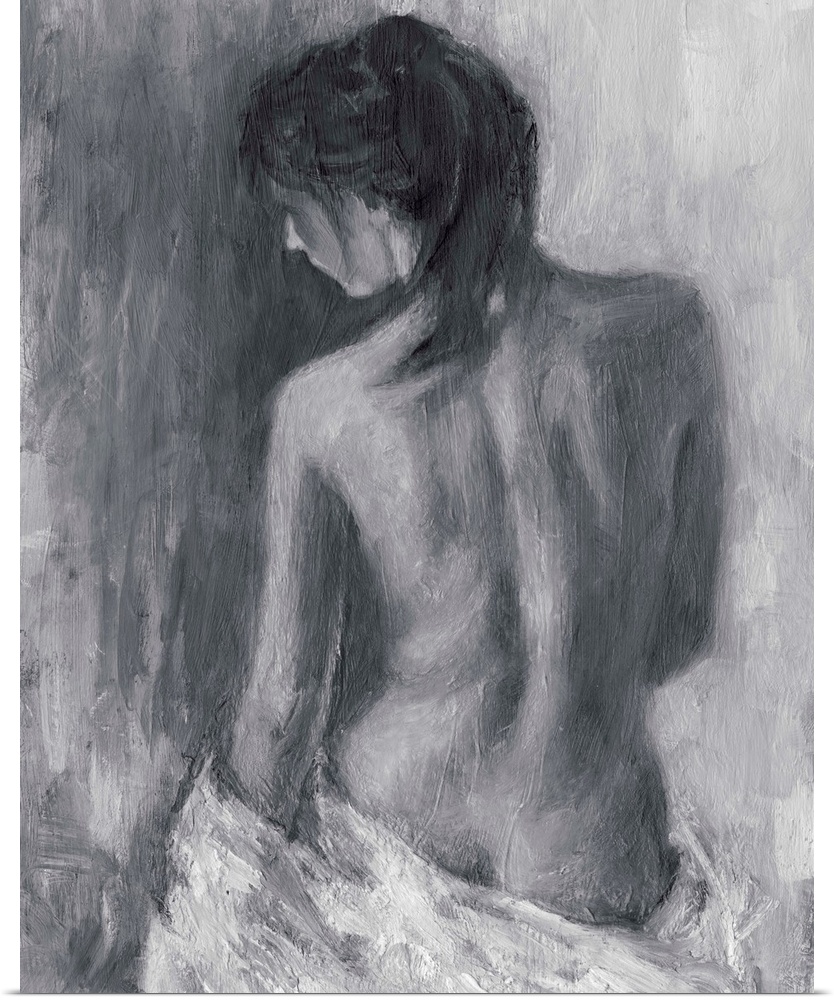 Contemporary sketch of a nude female sitting with a cloth draped around her.