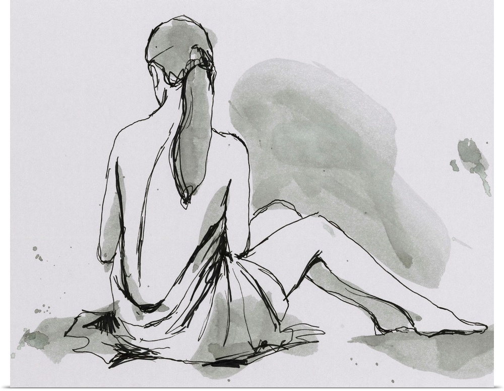 Contemporary figurative artwork of a seated nude female draped in a sheet.