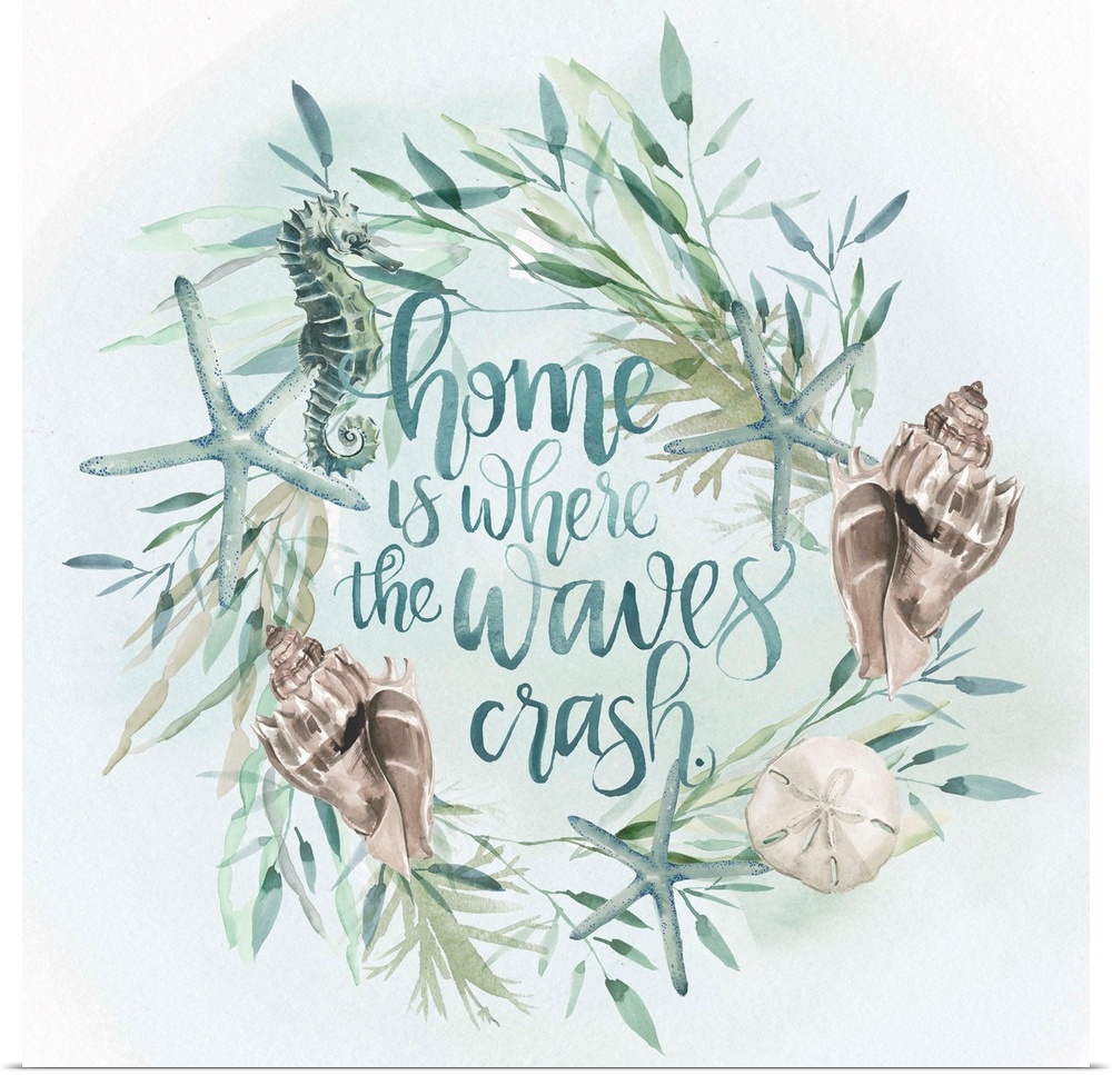 Beach-themed wreath with text "Home is where the waves crash" in watercolor.