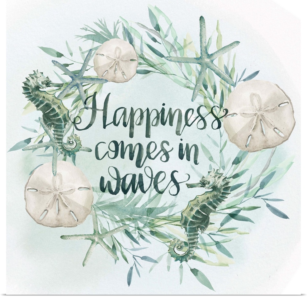 Beach-themed wreath with text "Happiness comes in waves" in watercolor.