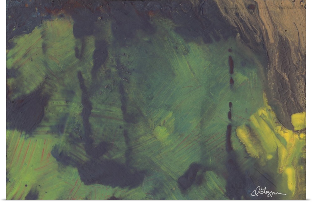Contemporary abstract painting using dark dingy green tones in swirling strokes.