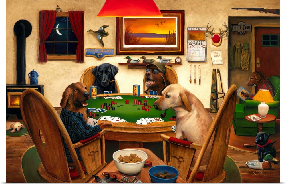 Horizontal artwork on a big canvas of four dogs, two wearing human clothing, sitting around a table playing poker and drin...