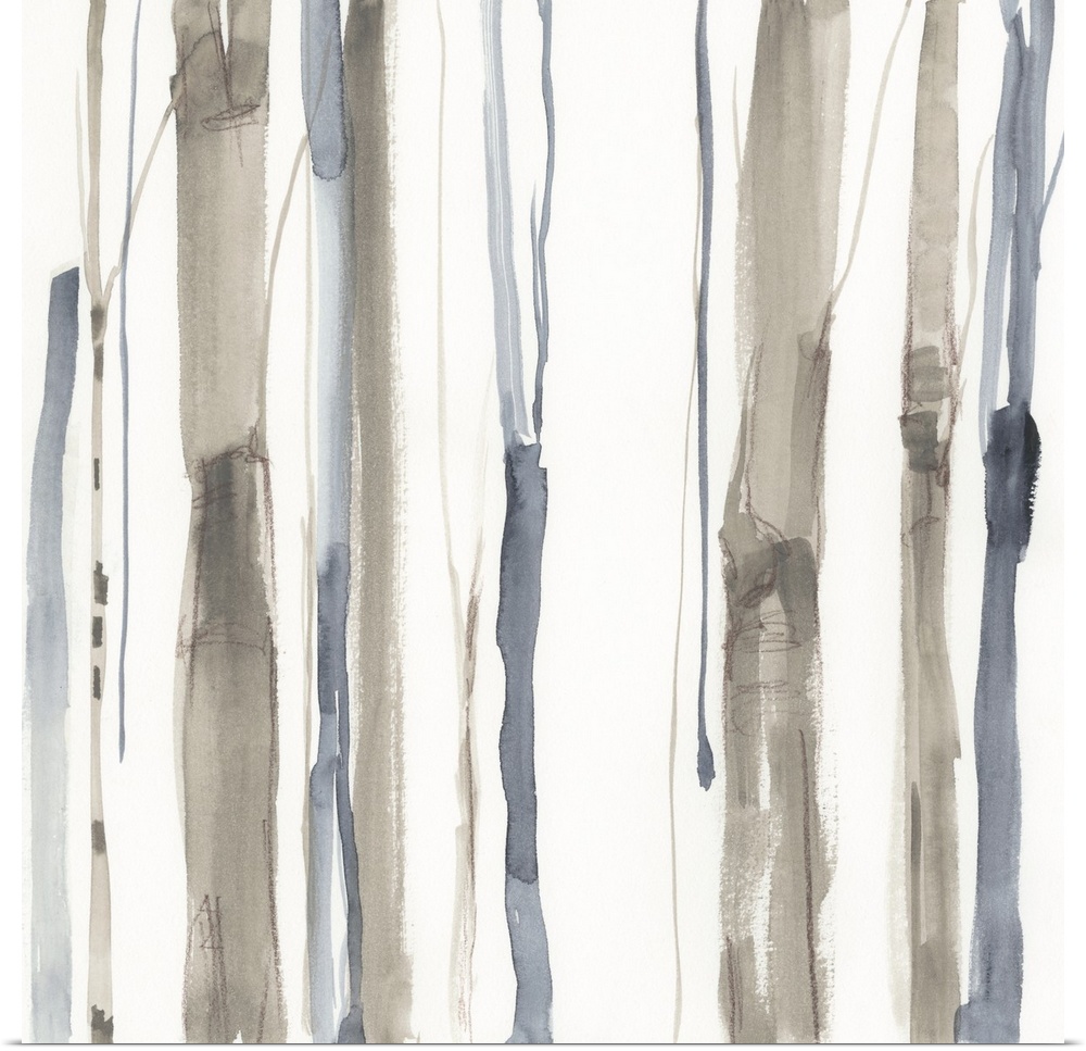 Square watercolor painting of abstract tree trunks in brown and gray against a white background.