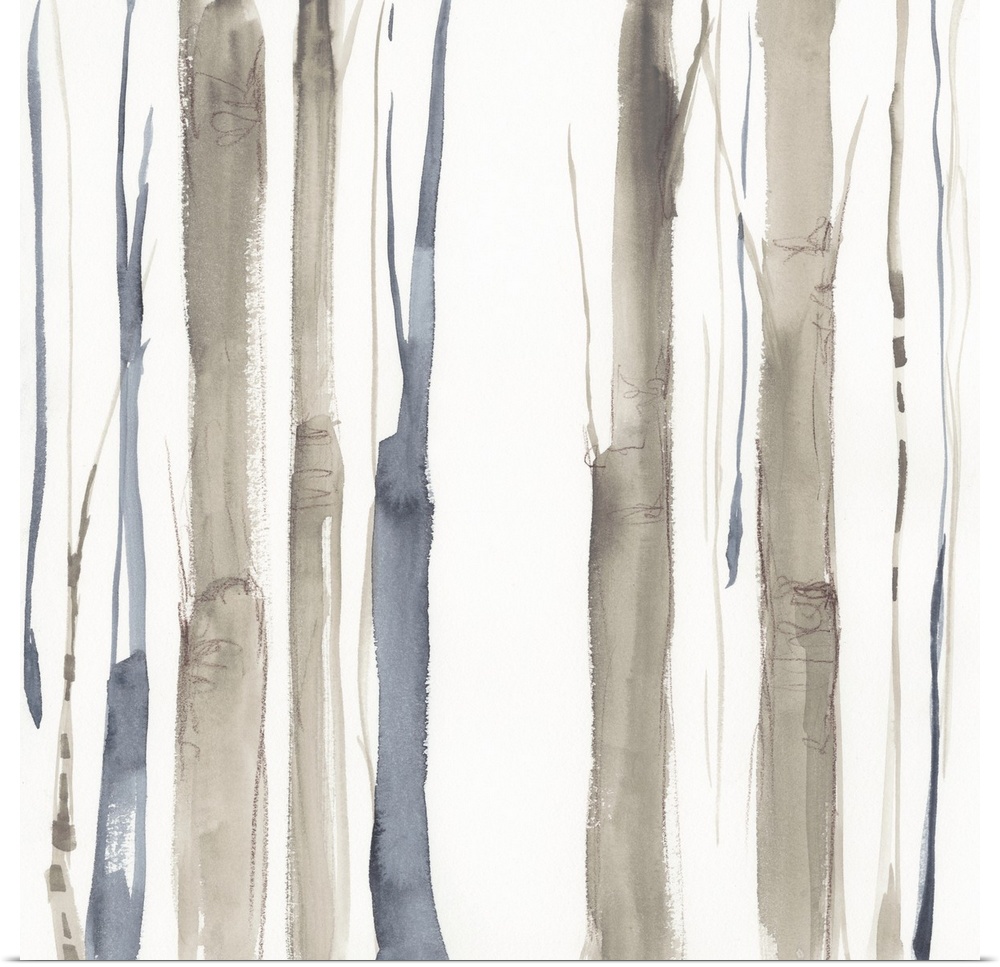 Square watercolor painting of abstract tree trunks in brown and gray against a white background.