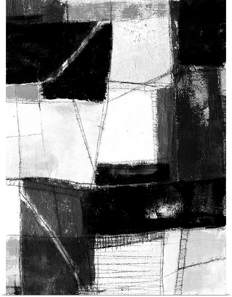 Contemporary abstract painting made of white and black blocks.