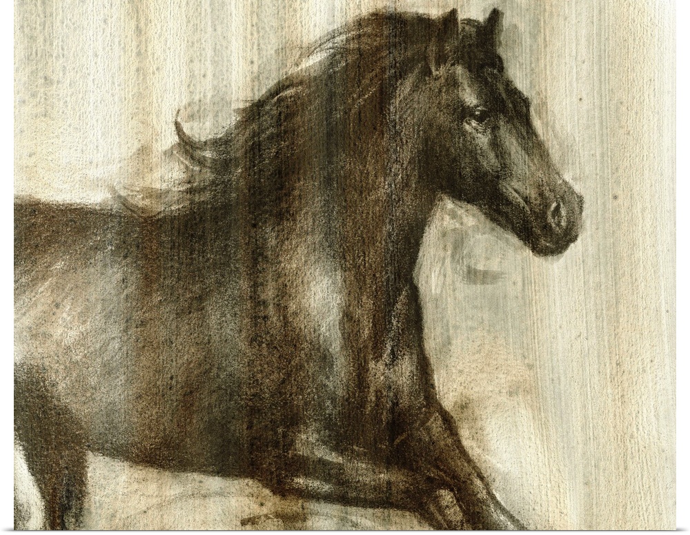Contemporary artwork of a dark horse galloping.