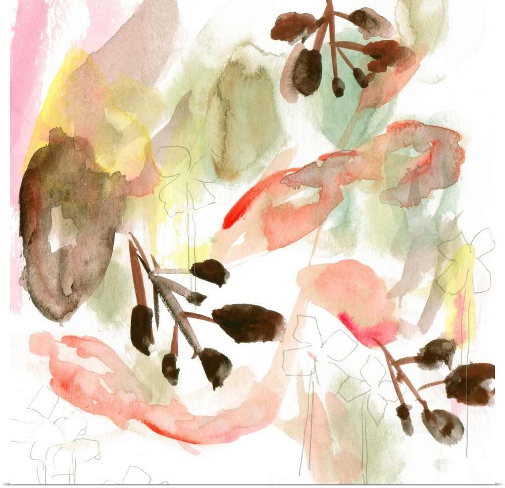 An abstracted floral painting in earth tones of brown, green and pink, with additional flower shapes sketched on top