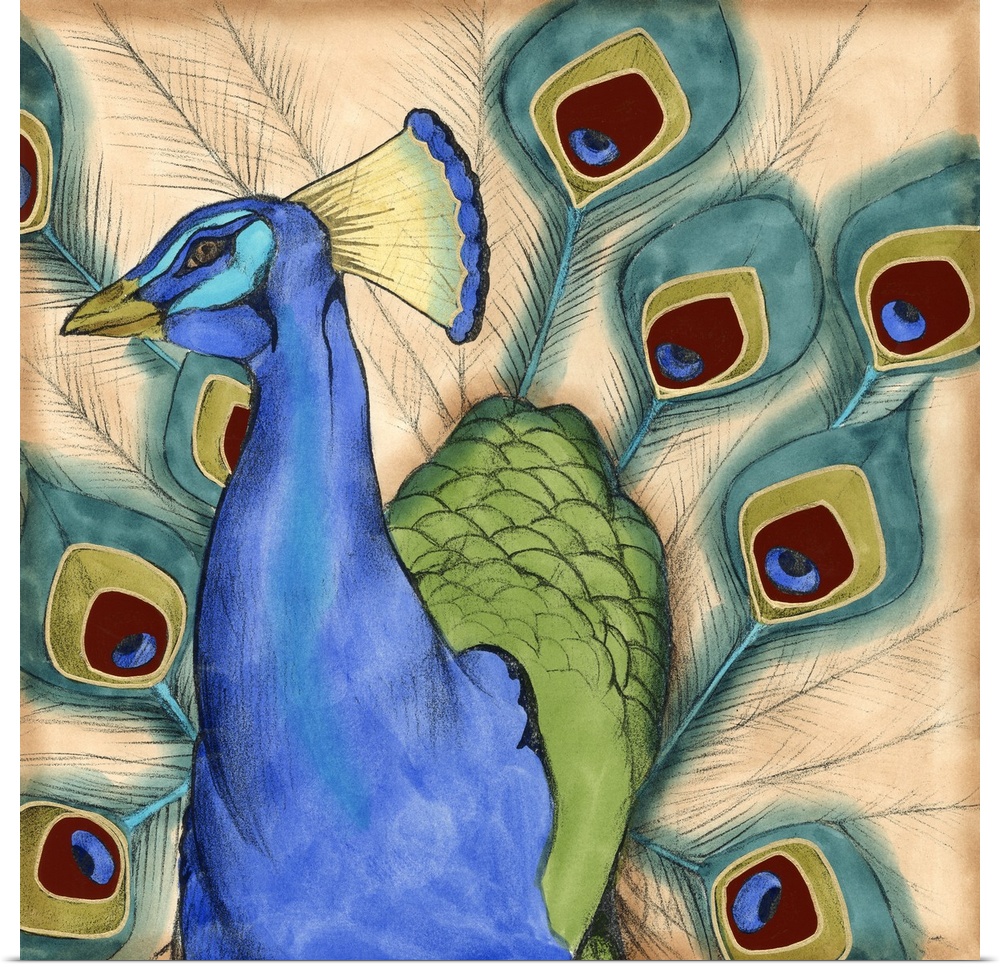 Contemporary artwork of a peacock displaying plumage.