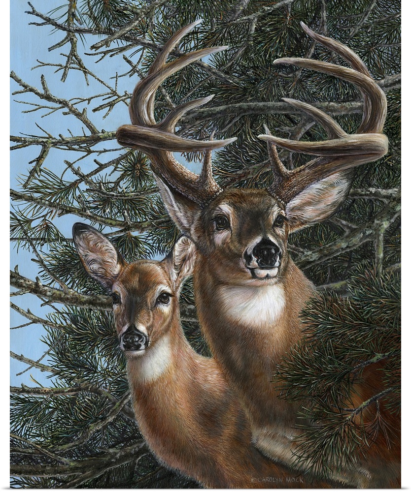 Contemporary painting of two deer standing under a tree at the edge of a forest.