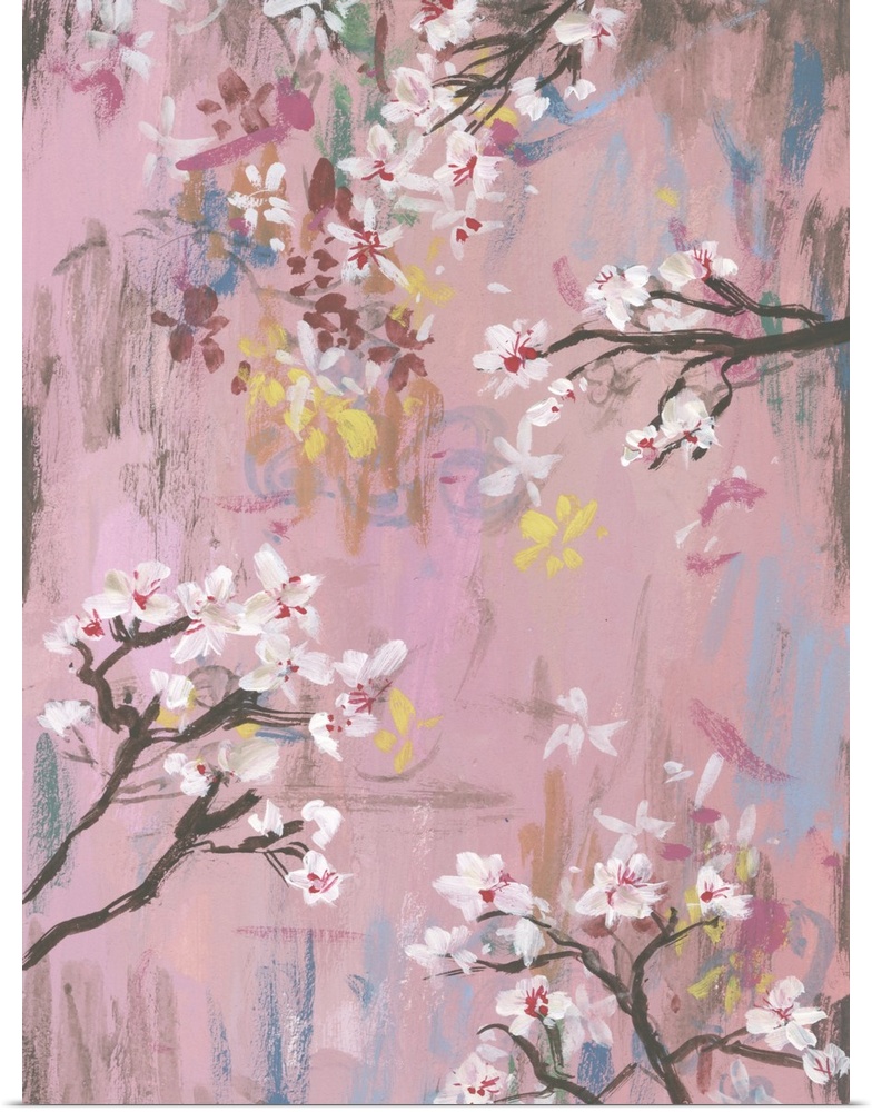 Cherry blossom branches on a pink background.