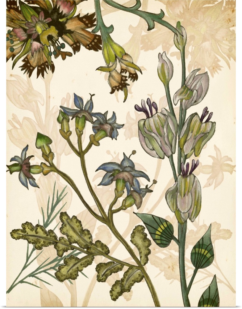 Contemporary artwork of garden flowers in muted shades against a beige floral background.