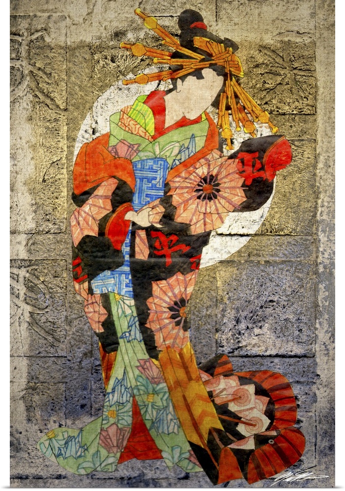 Colorful artwork of a woman wearing a floral kimono.